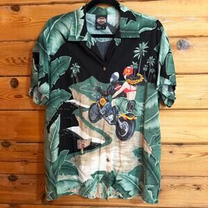 Harley Davidson Shirt Men’s Green Short Sleeve Hawaiian Motorcycle Print Large
